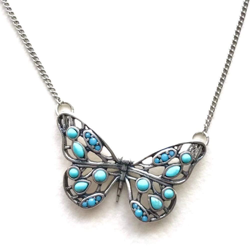 Fossil Y2K Butterfly Turquoise Necklace – Silver Statement Pendant